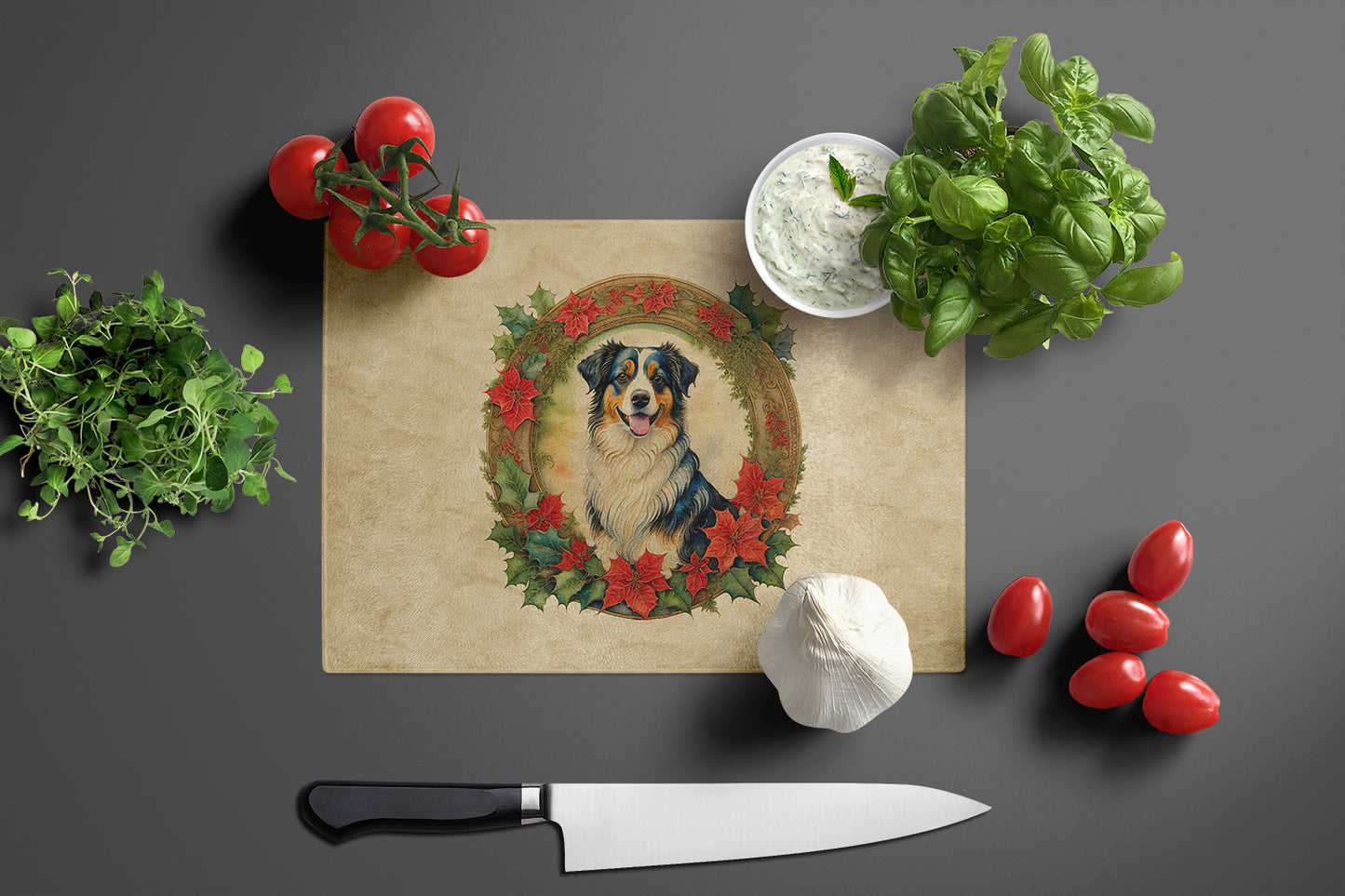 Australian Shepherd Christmas Flowers Glass Cutting Board