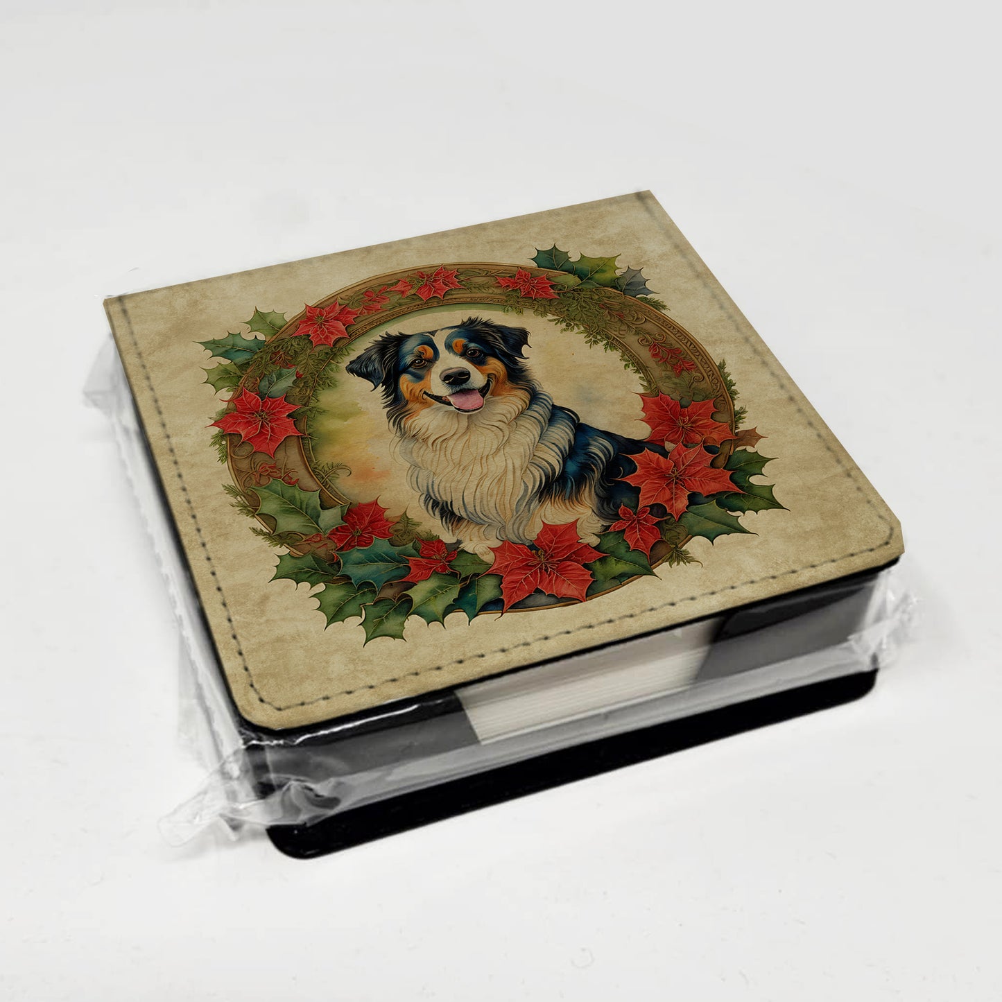 Australian Shepherd Christmas Flowers PU Leather Note Paper Holder