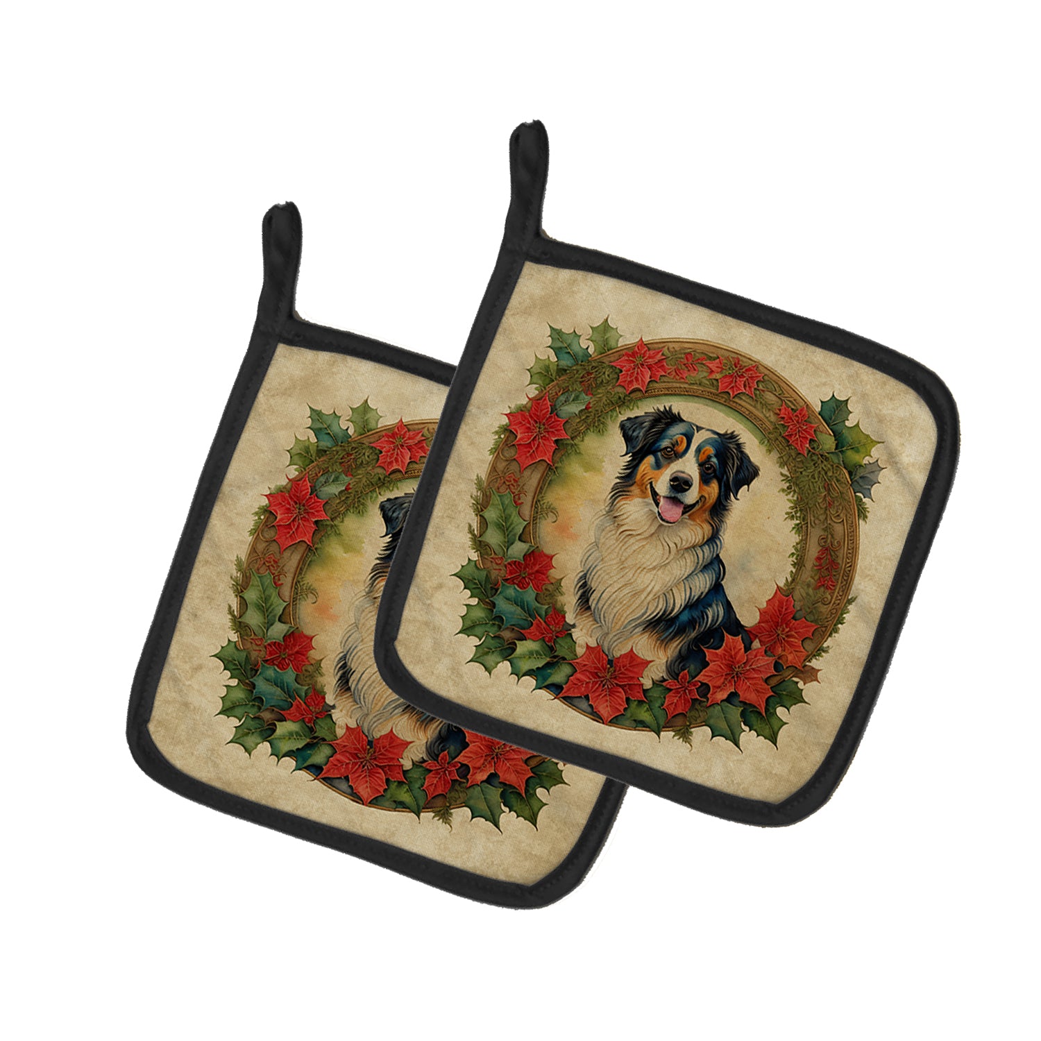 Buy this Australian Shepherd Christmas Flowers Pair of Pot Holders