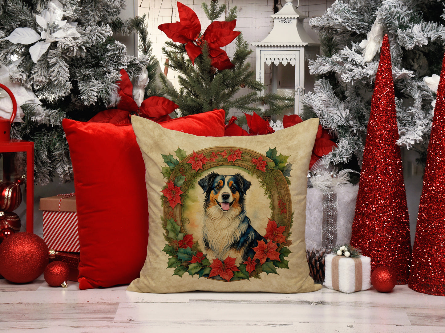 Australian Shepherd Christmas Flowers Throw Pillow