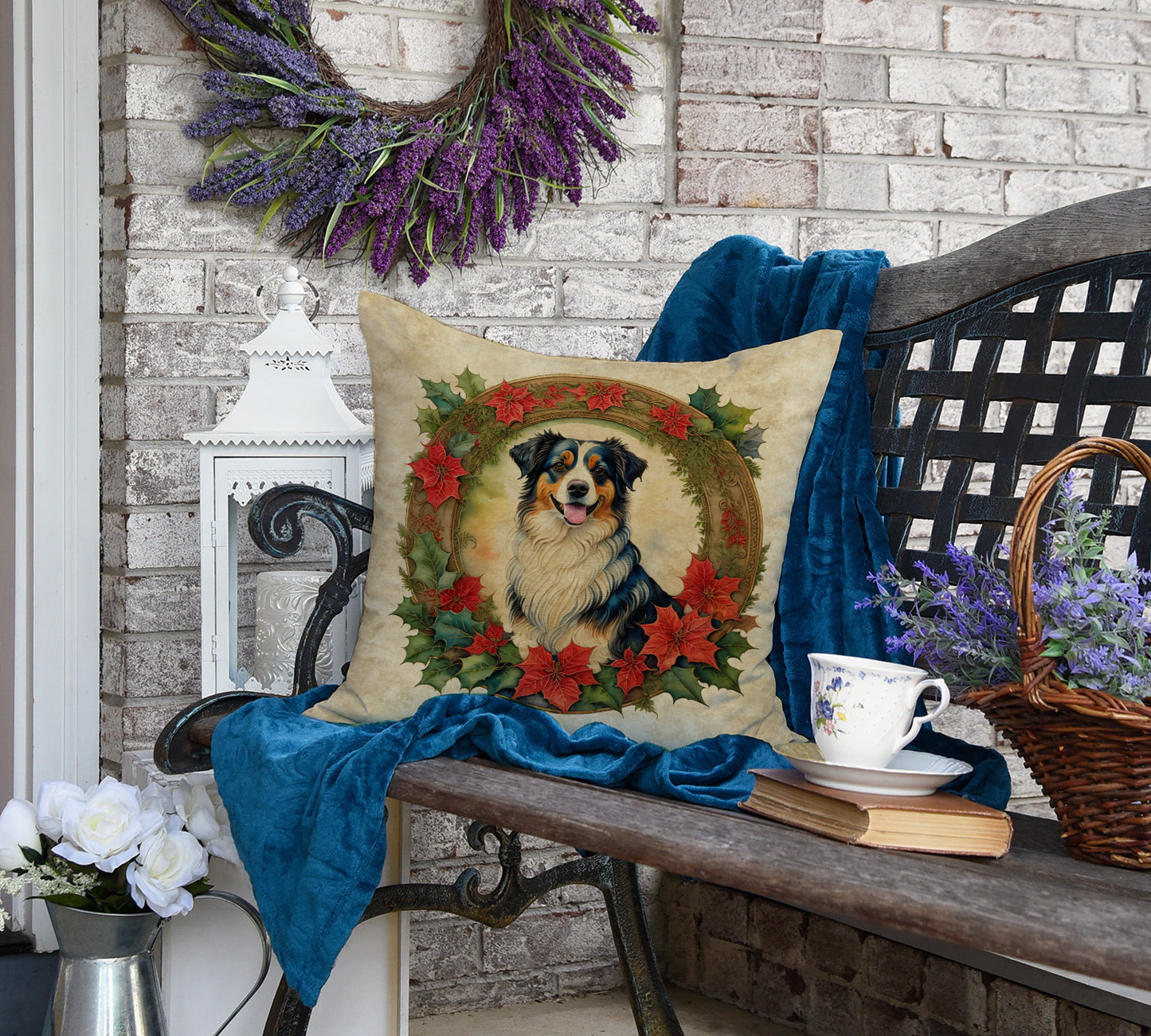 Australian Shepherd Christmas Flowers Throw Pillow