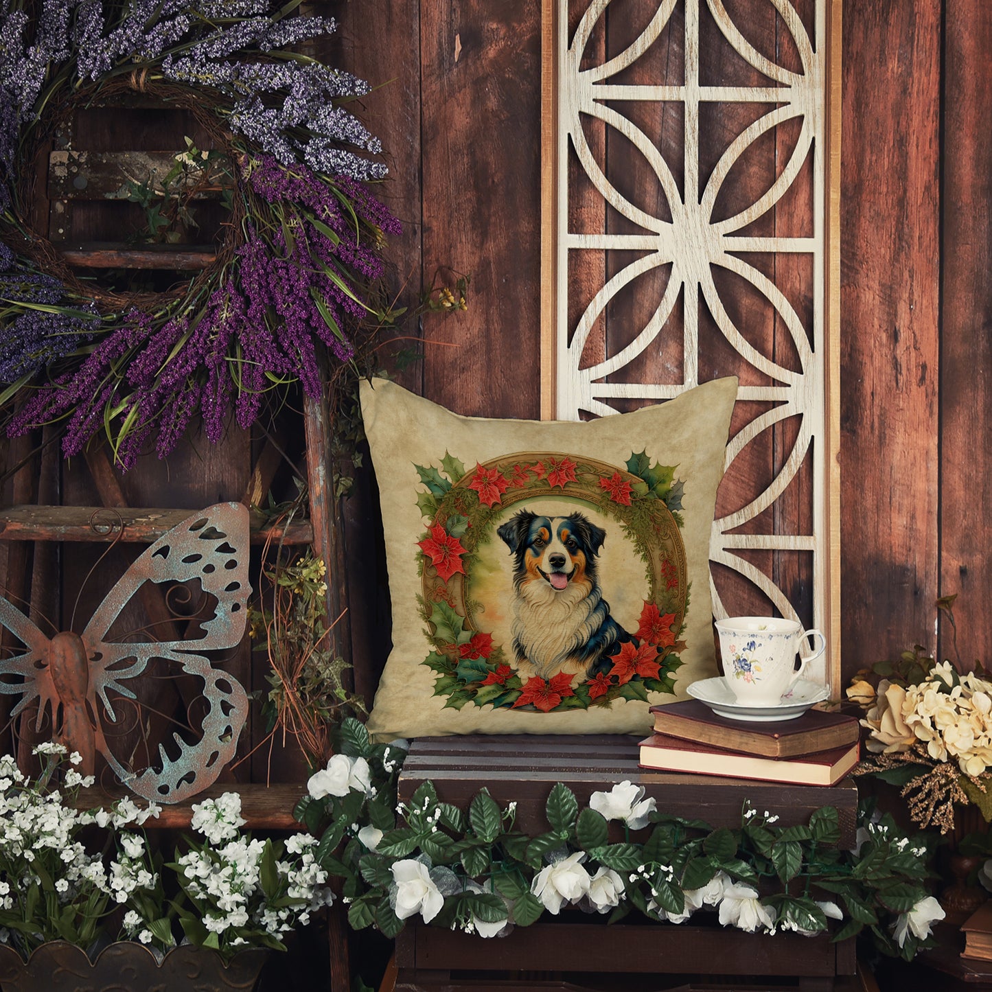 Australian Shepherd Christmas Flowers Throw Pillow