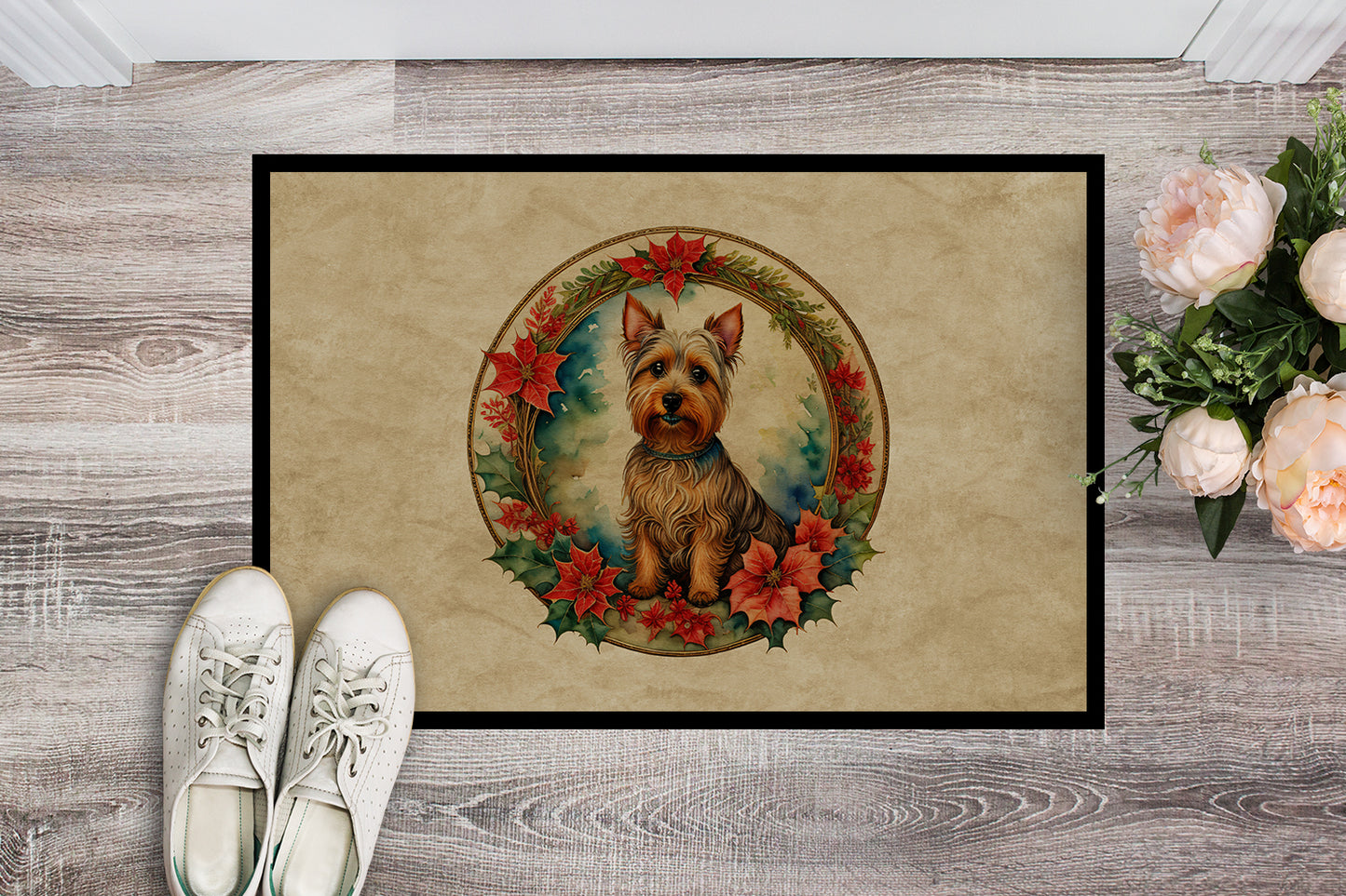 Australian Terrier Christmas Flowers Doormat