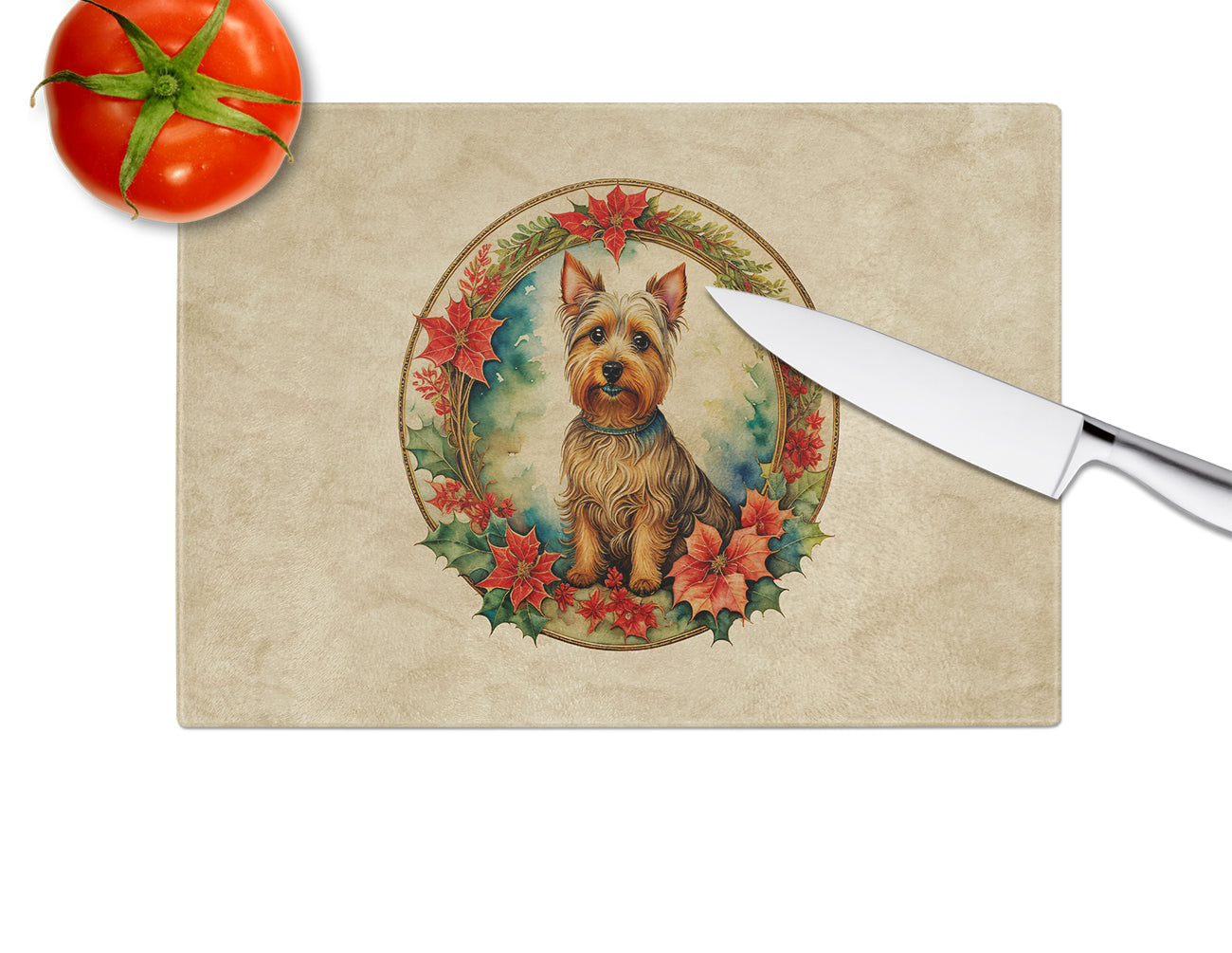 Australian Terrier Christmas Flowers Glass Cutting Board