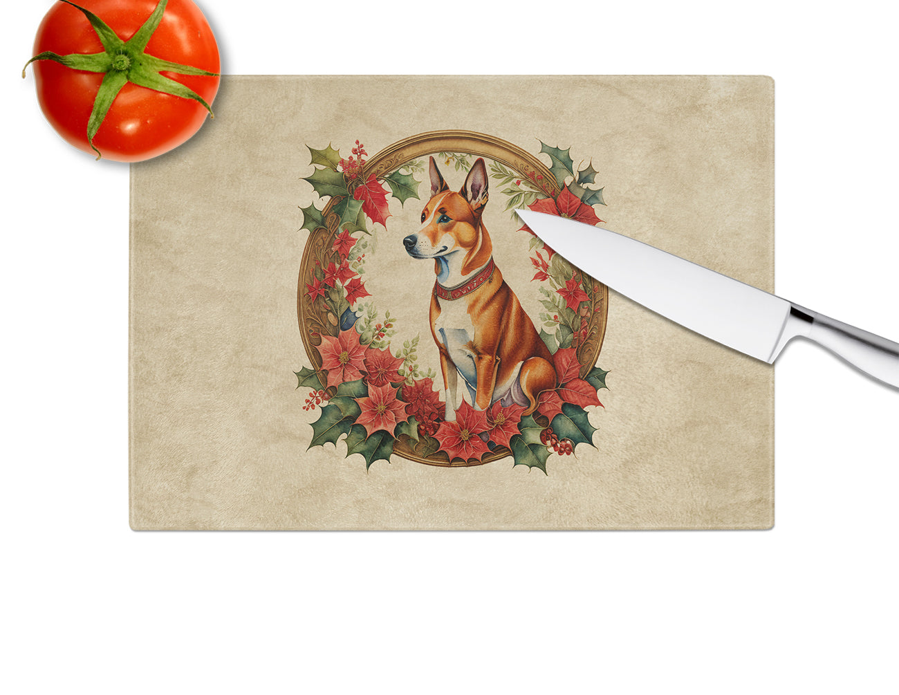 Basenji Christmas Flowers Glass Cutting Board