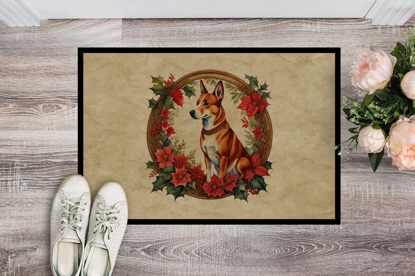 Basenji Christmas Flowers Doormat