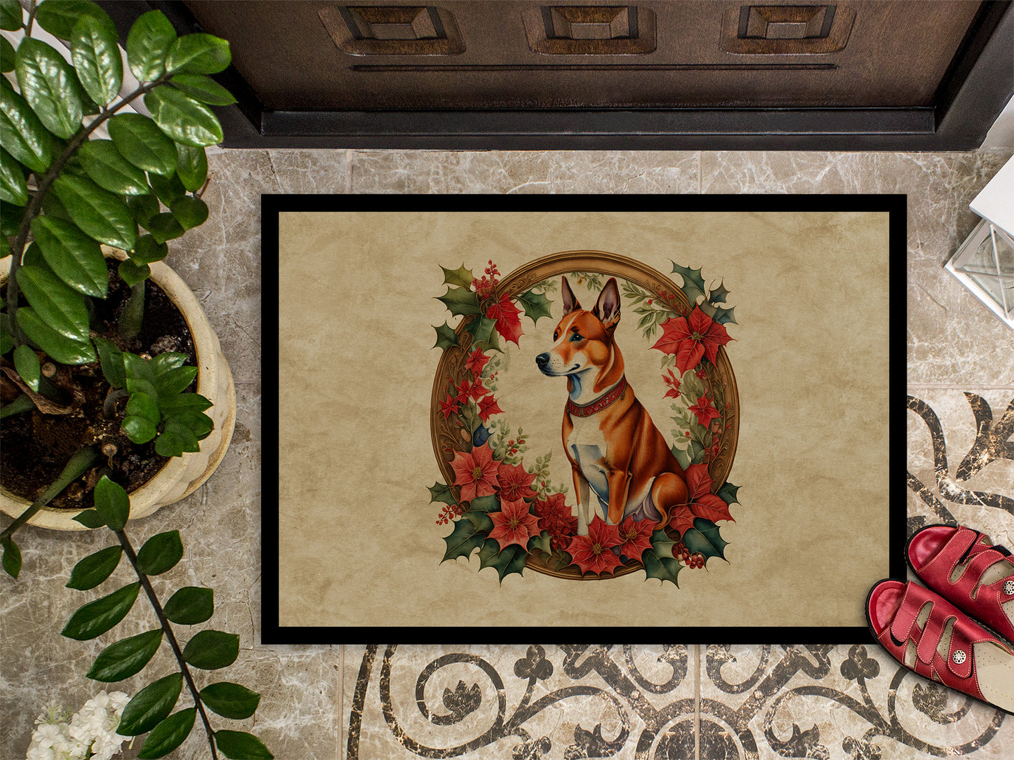 Basenji Christmas Flowers Doormat