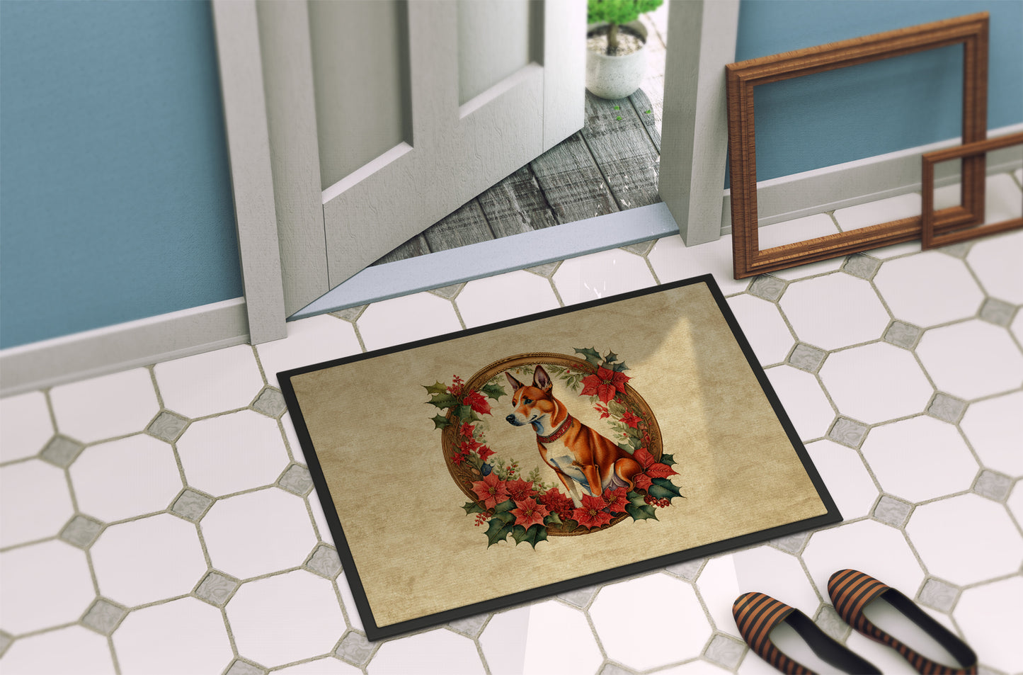 Basenji Christmas Flowers Doormat