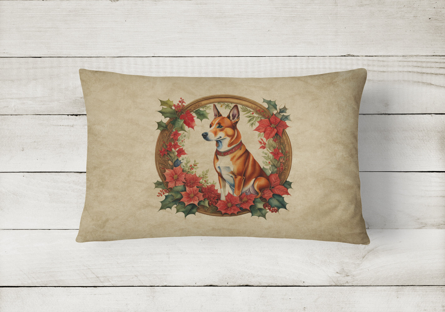 Basenji Christmas Flowers Throw Pillow