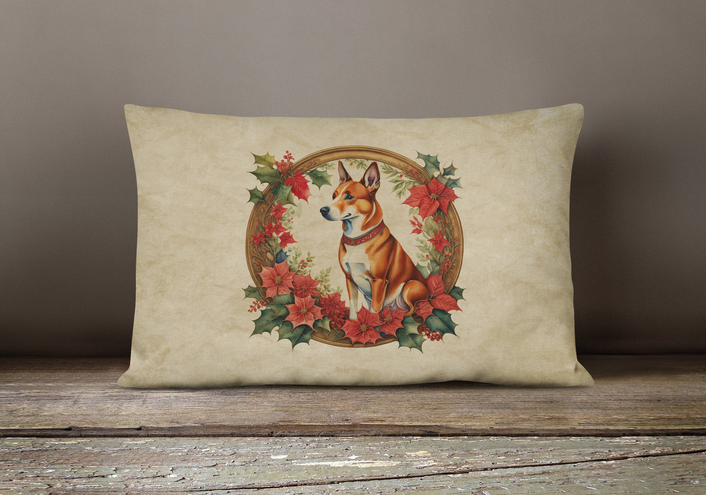 Basenji Christmas Flowers Throw Pillow