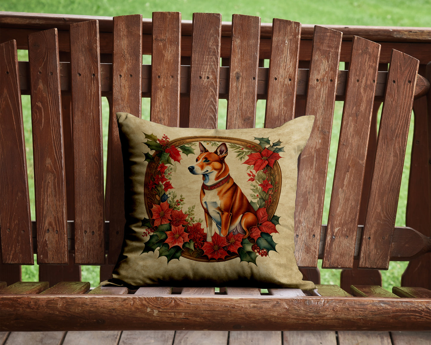 Basenji Christmas Flowers Throw Pillow