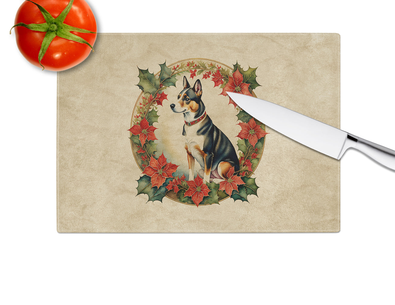 Basenji Christmas Flowers Glass Cutting Board