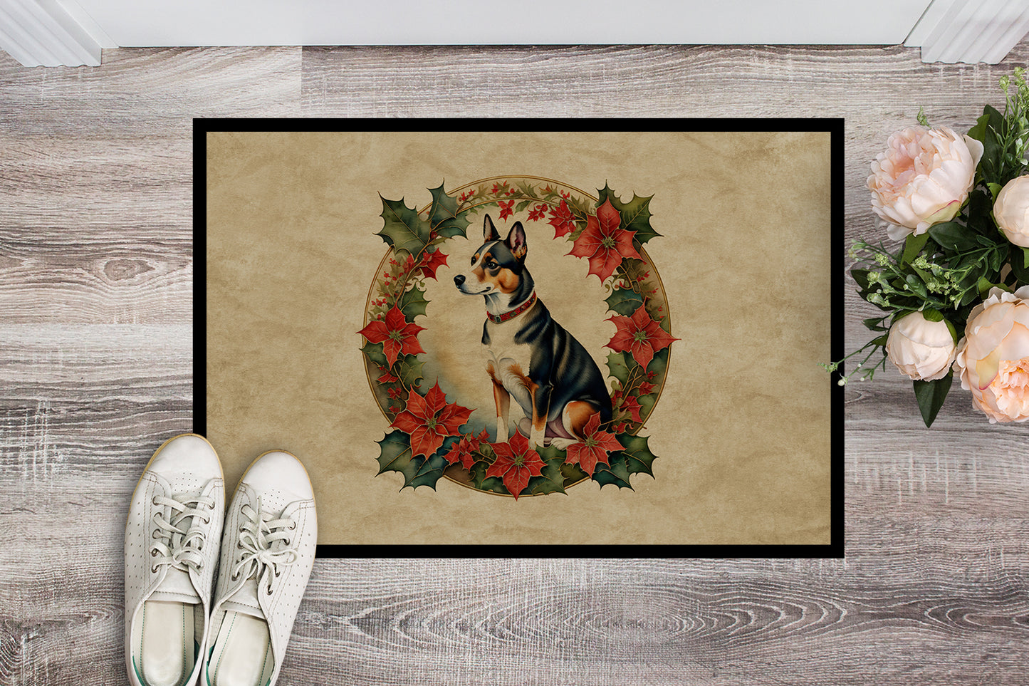 Basenji Christmas Flowers Doormat