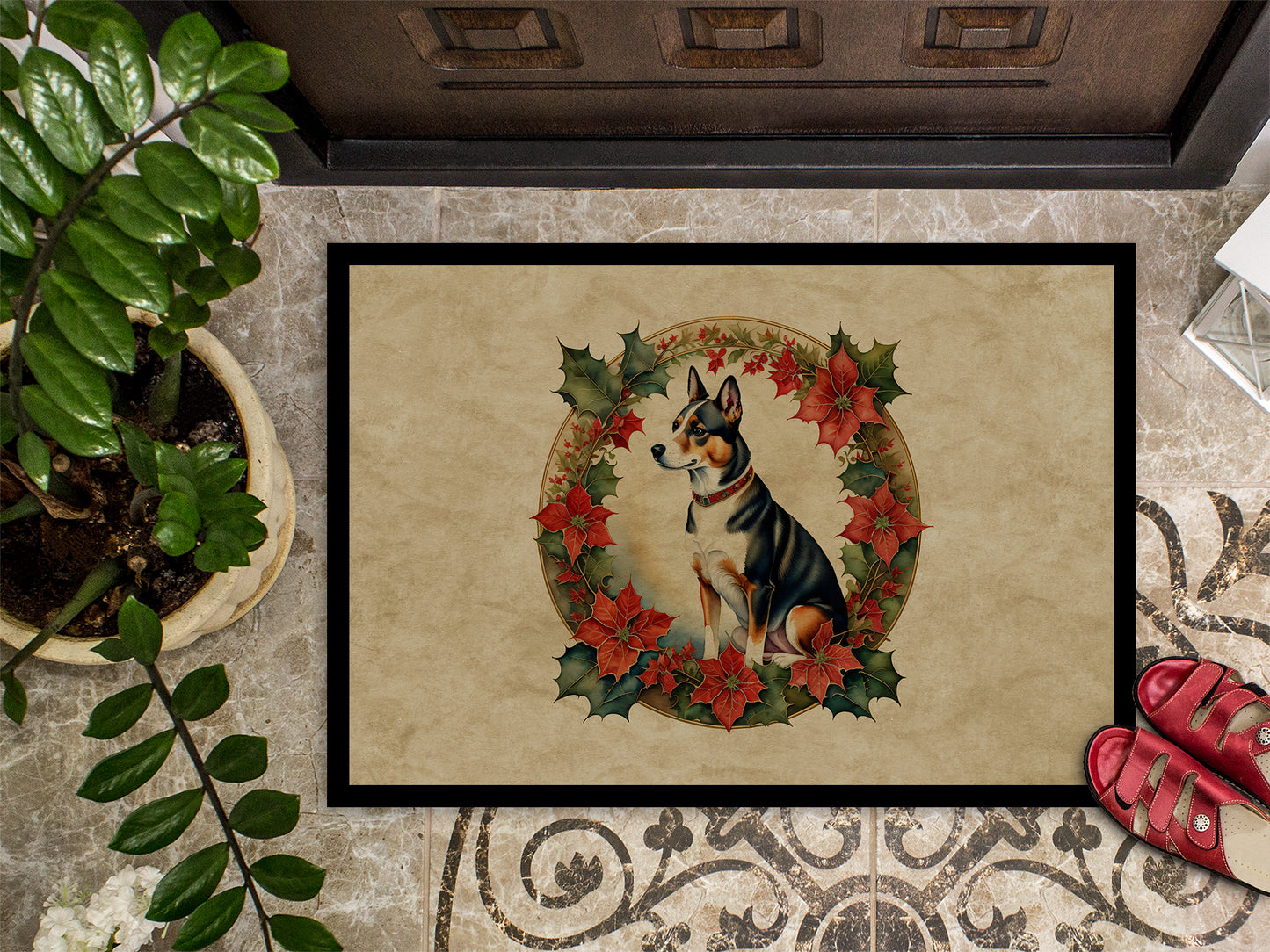 Basenji Christmas Flowers Doormat