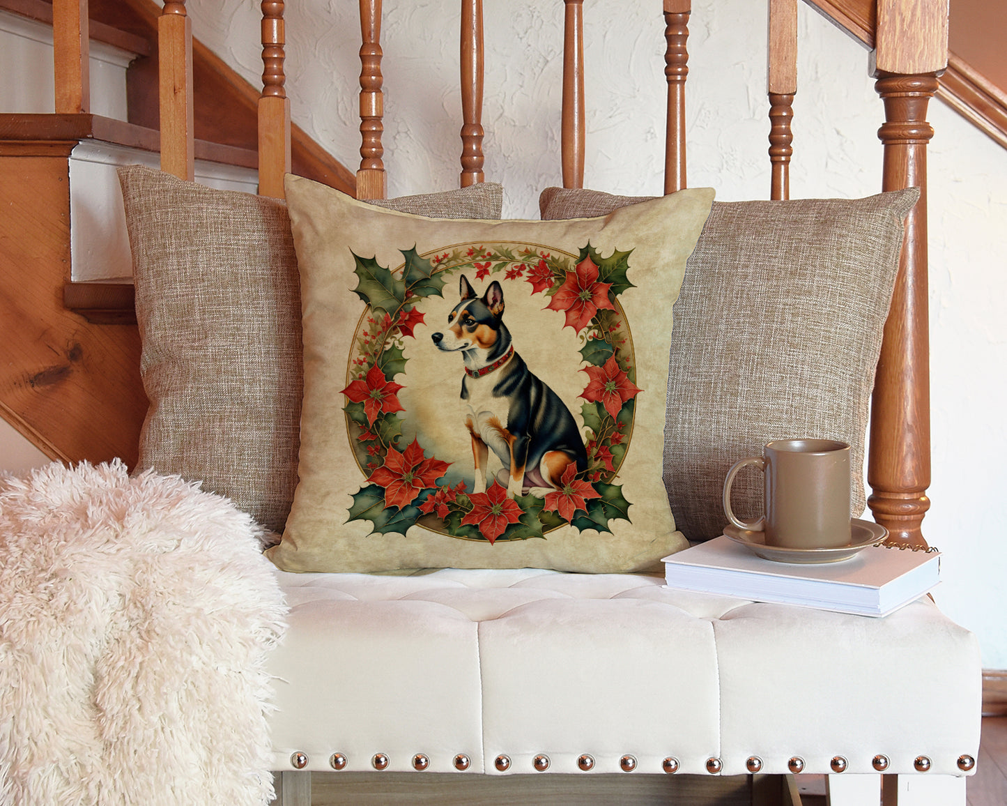 Basenji Christmas Flowers Throw Pillow