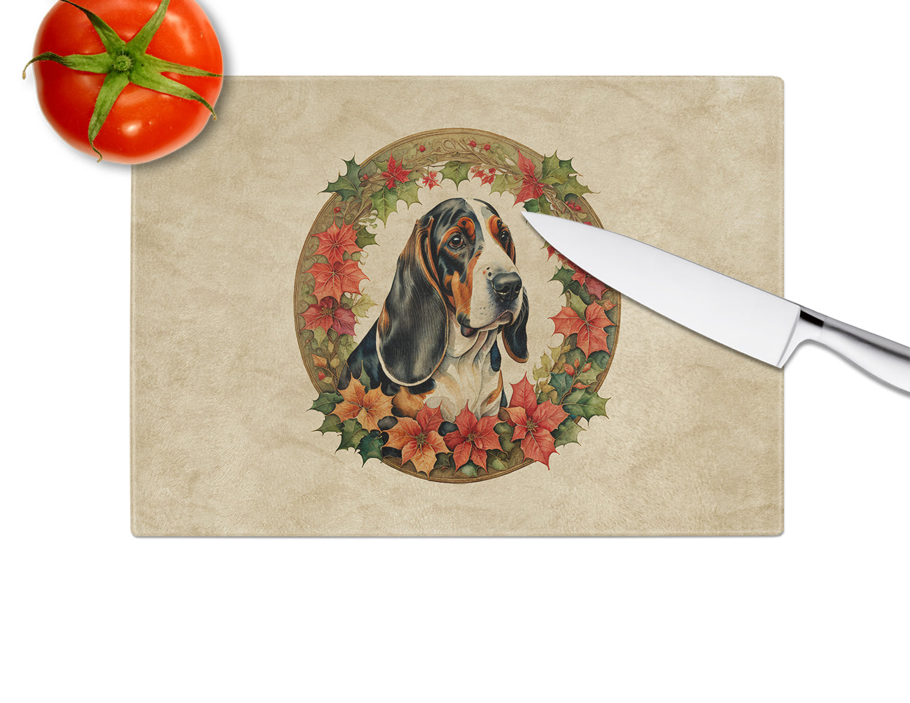 Basset Hound Christmas Flowers Glass Cutting Board