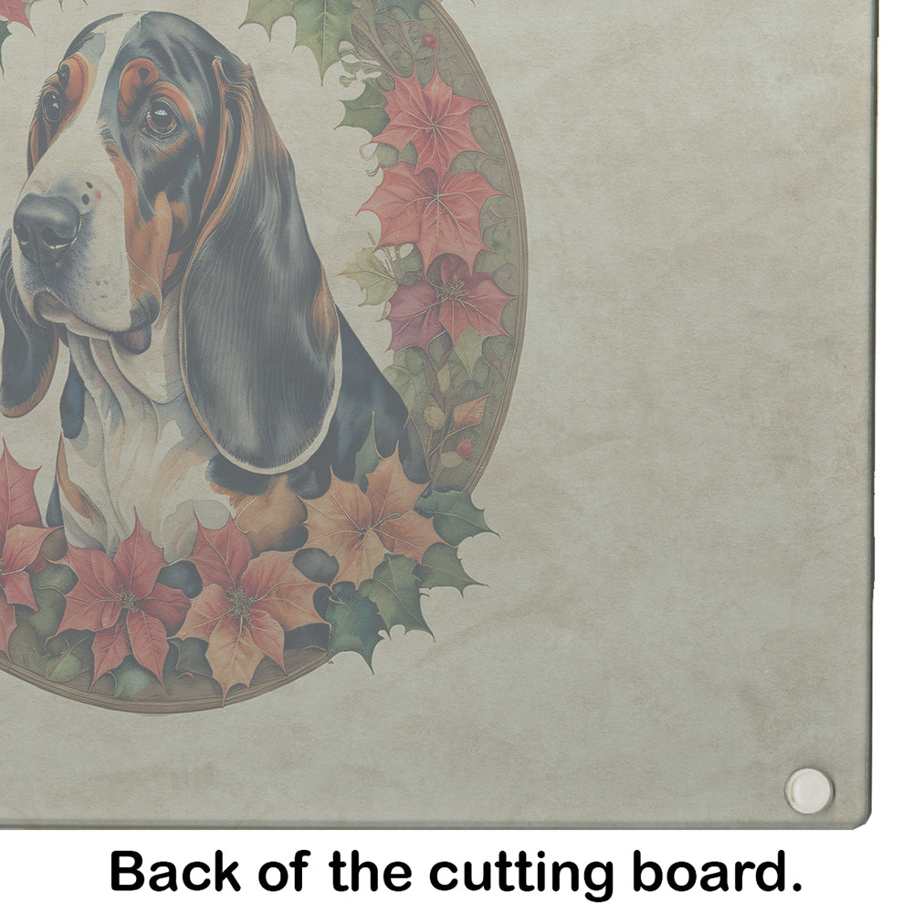 Basset Hound Christmas Flowers Glass Cutting Board