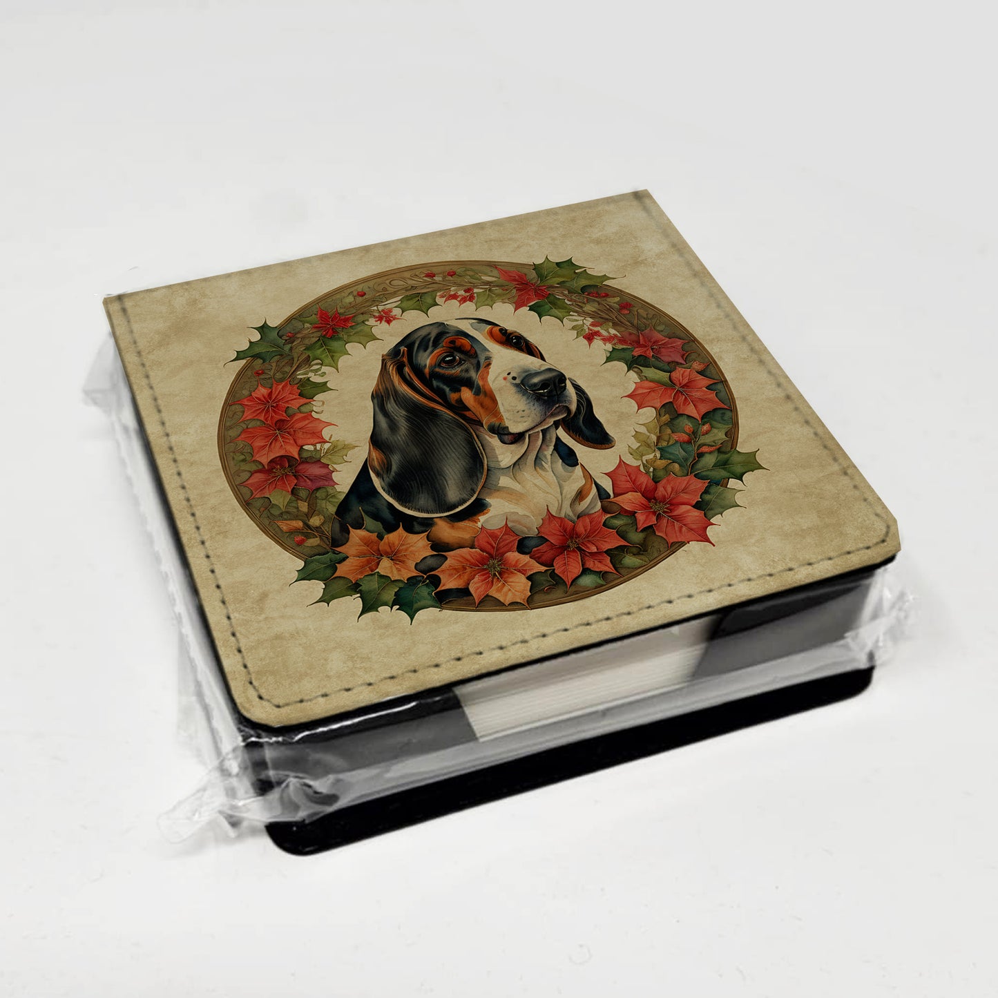 Basset Hound Christmas Flowers PU Leather Note Paper Holder