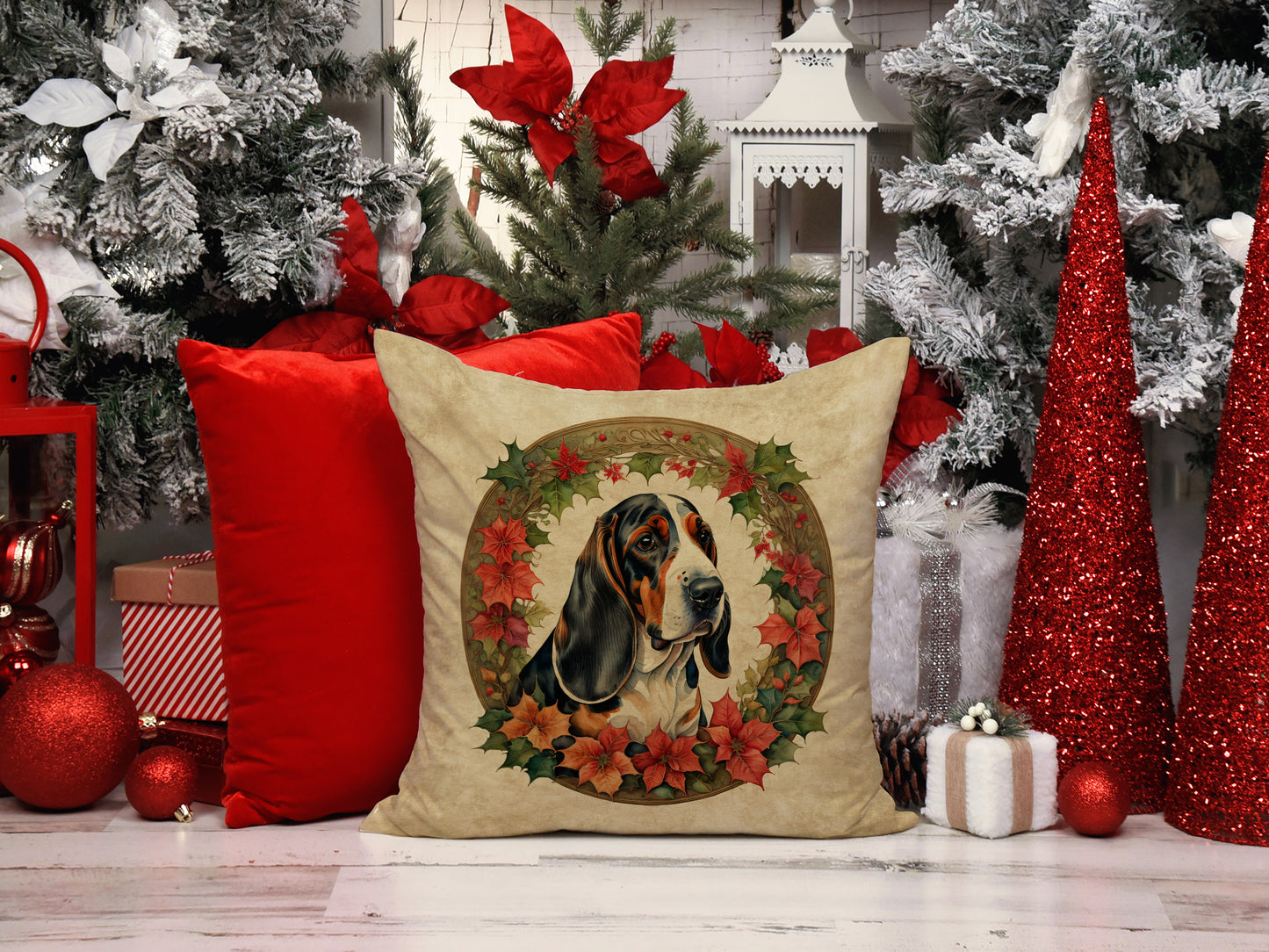 Basset Hound Christmas Flowers Throw Pillow