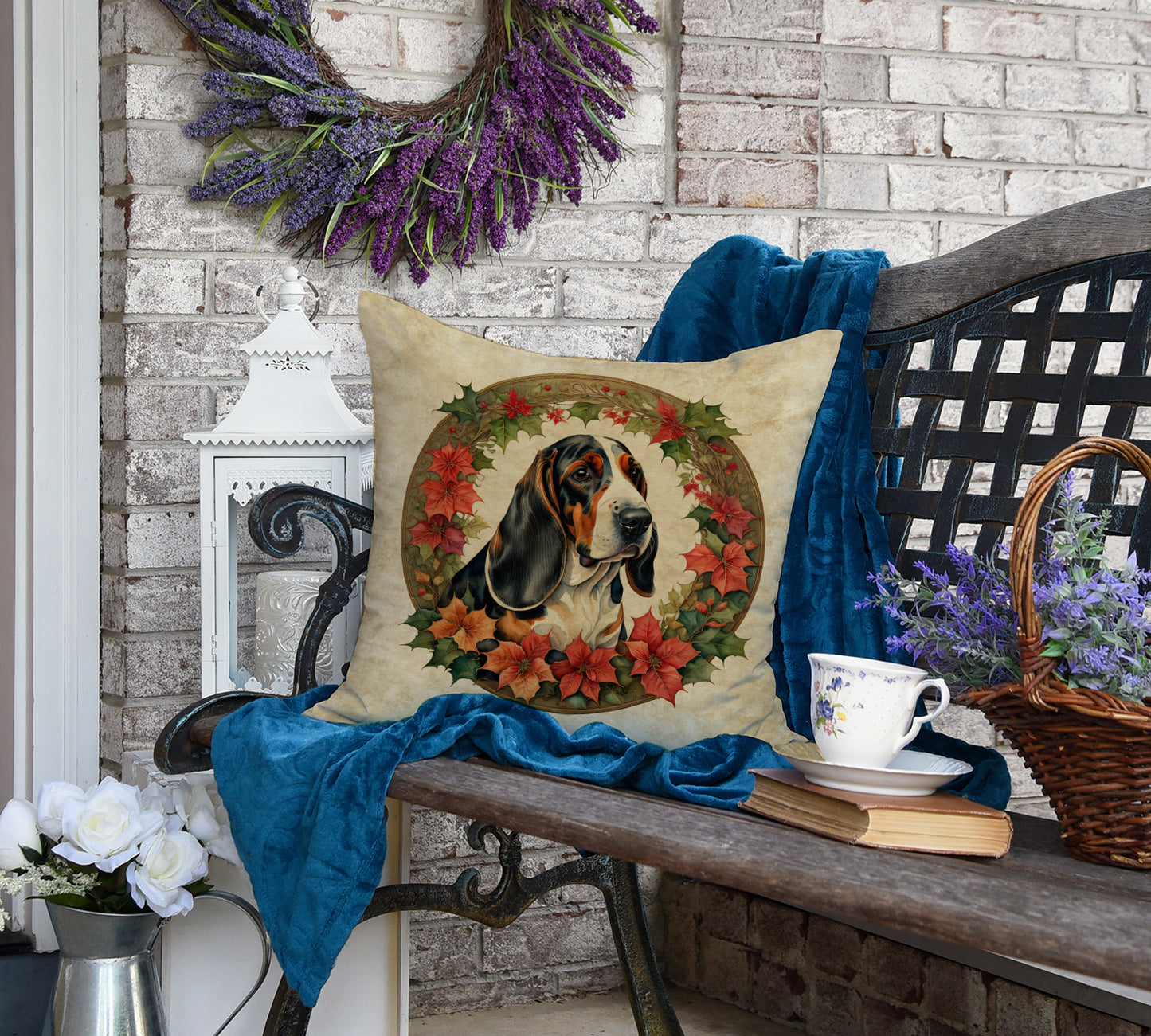 Basset Hound Christmas Flowers Throw Pillow