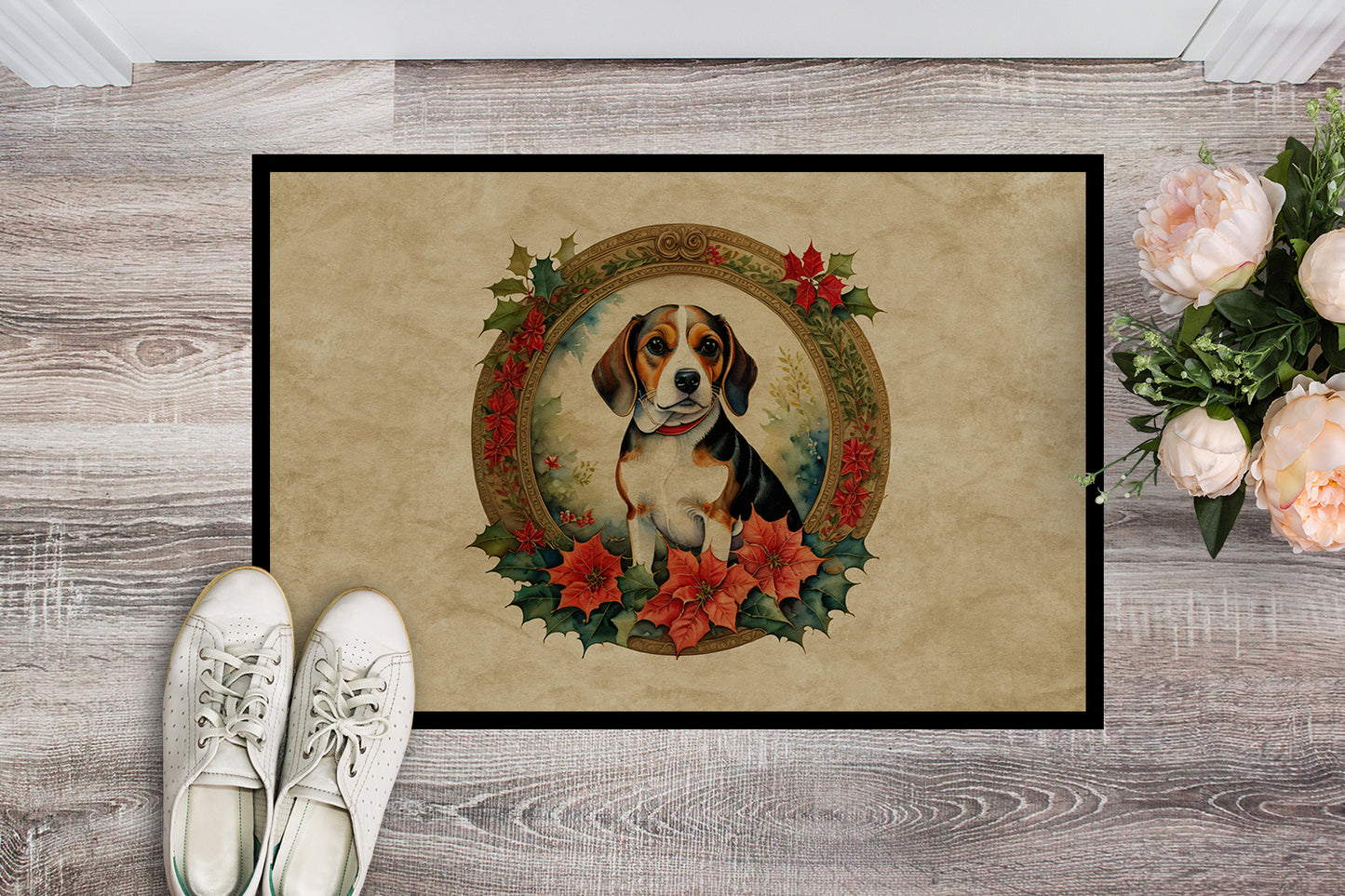 Beagle Christmas Flowers Doormat