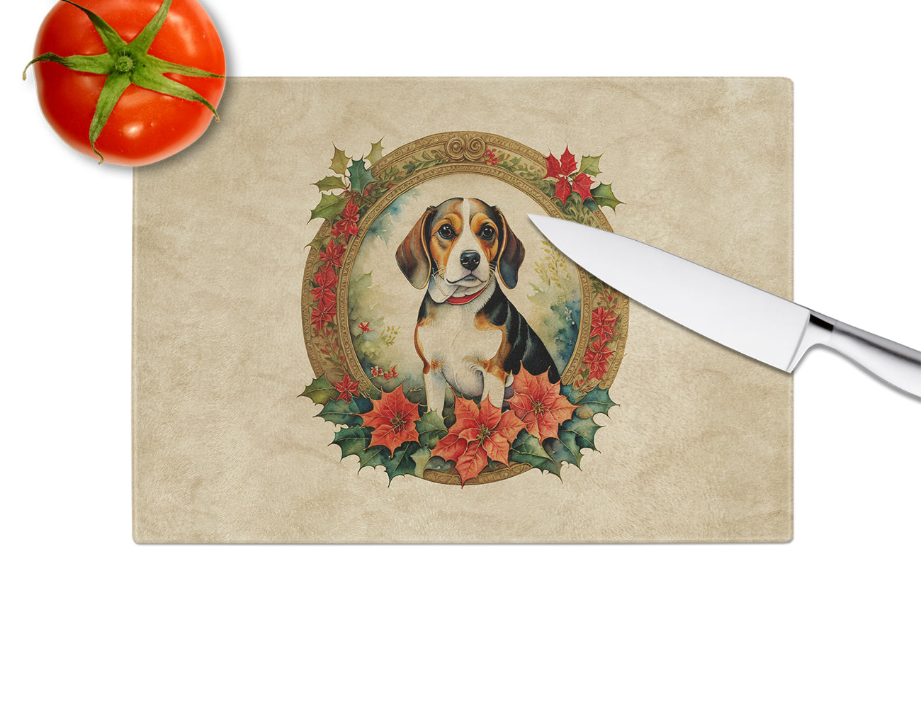 Beagle Christmas Flowers Glass Cutting Board