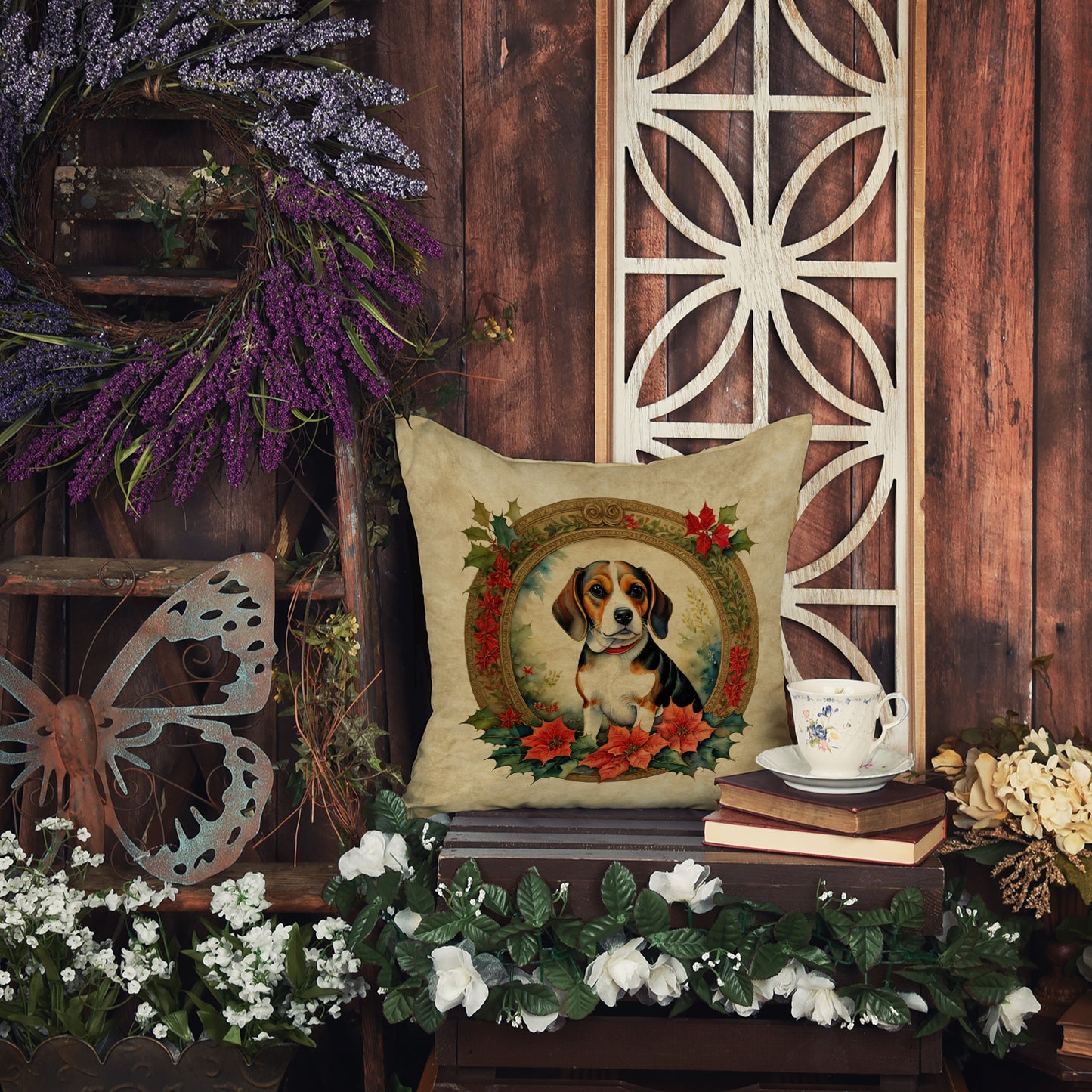 Beagle Christmas Flowers Throw Pillow