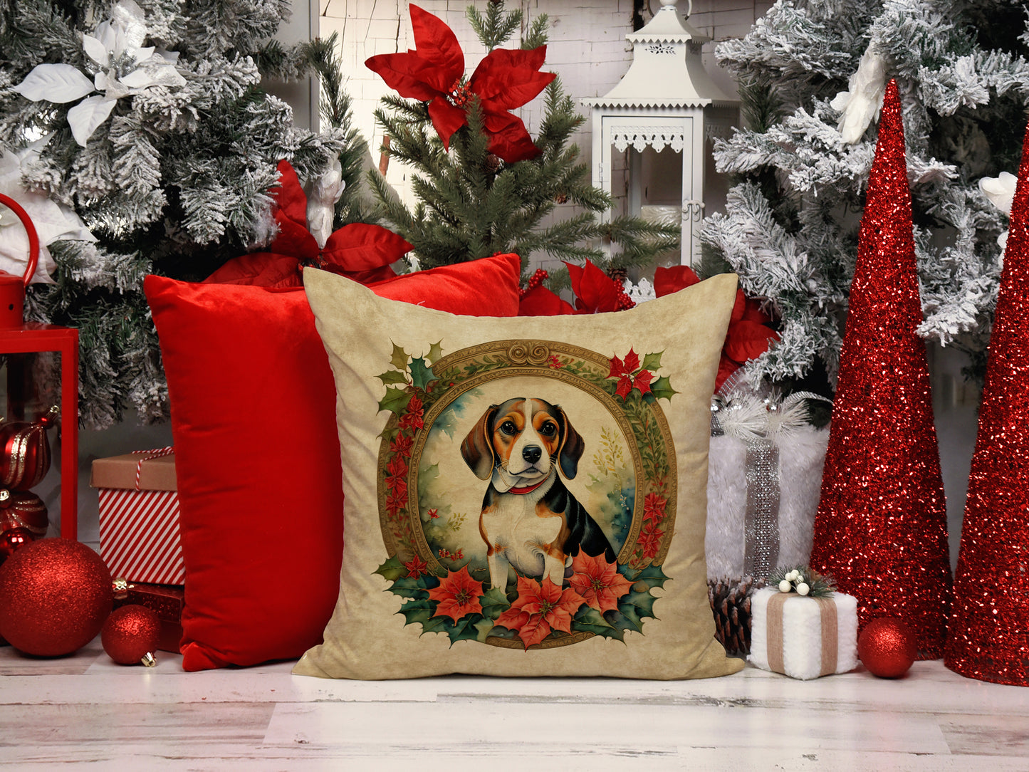 Beagle Christmas Flowers Throw Pillow