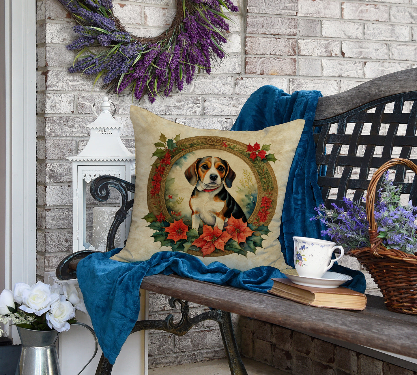 Beagle Christmas Flowers Throw Pillow