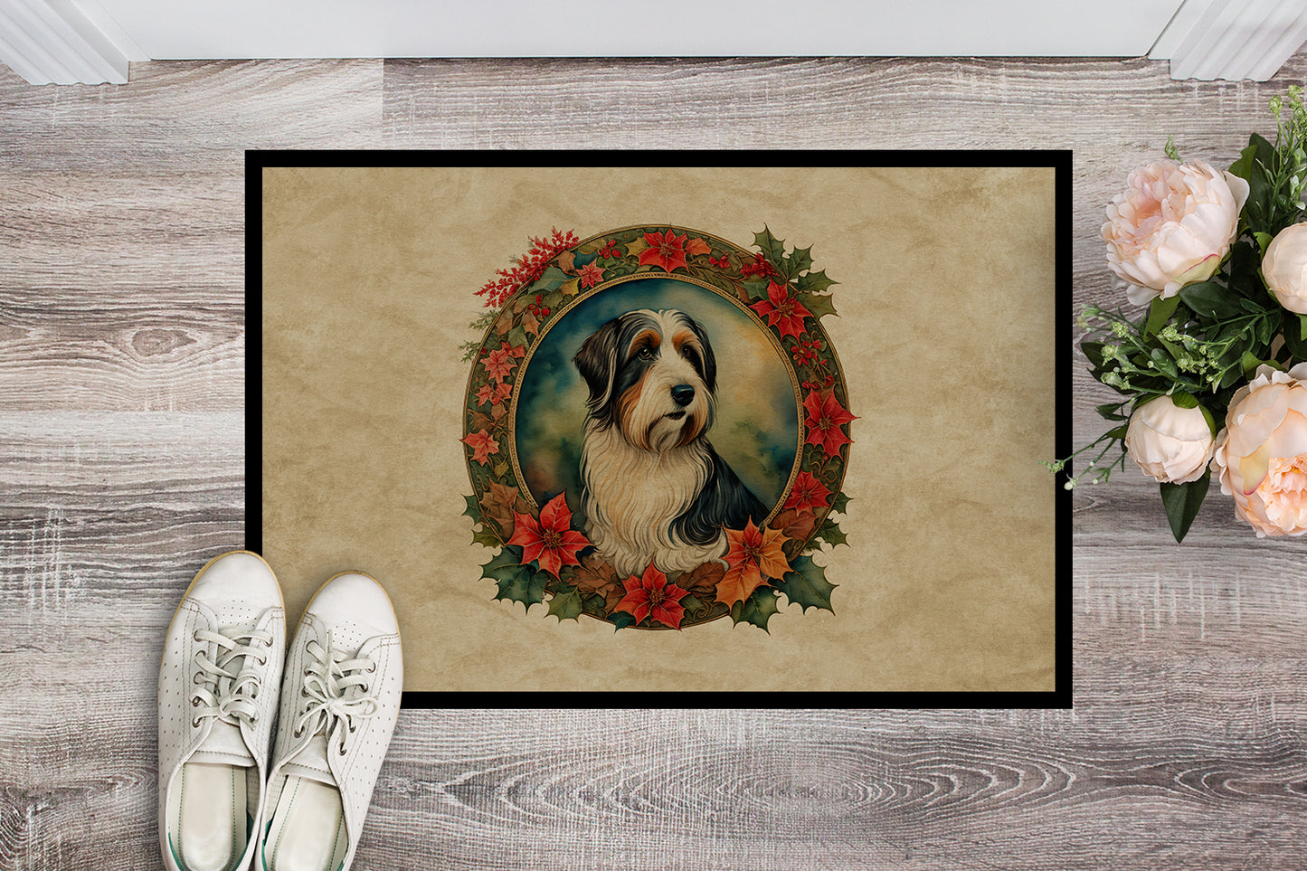 Bearded Collie Christmas Flowers Doormat