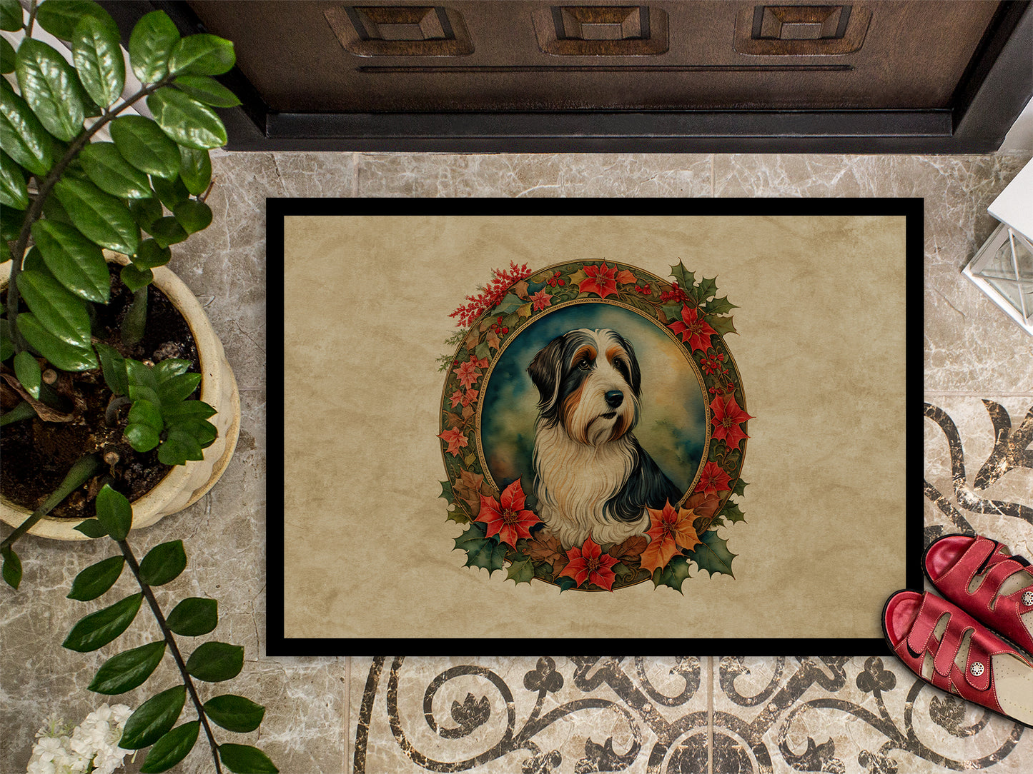 Bearded Collie Christmas Flowers Doormat