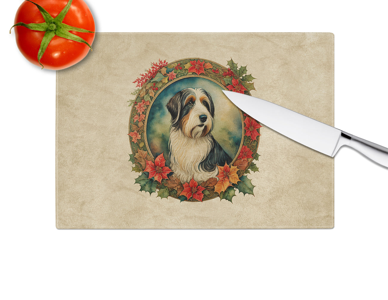 Bearded Collie Christmas Flowers Glass Cutting Board