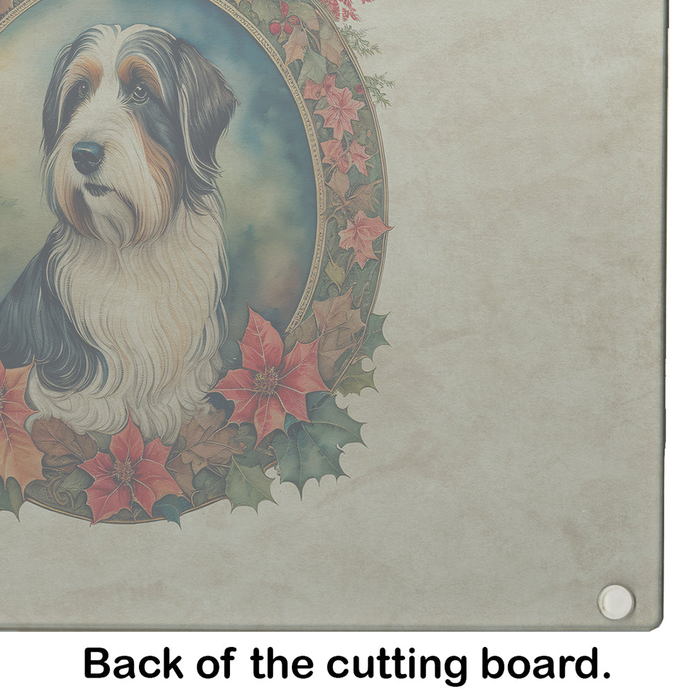 Bearded Collie Christmas Flowers Glass Cutting Board