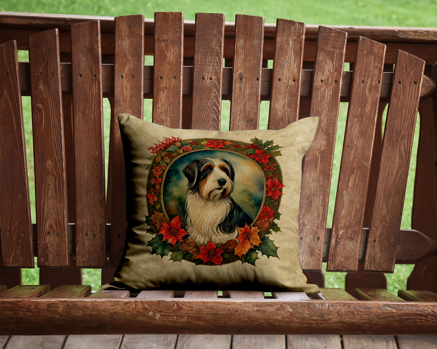 Bearded Collie Christmas Flowers Throw Pillow