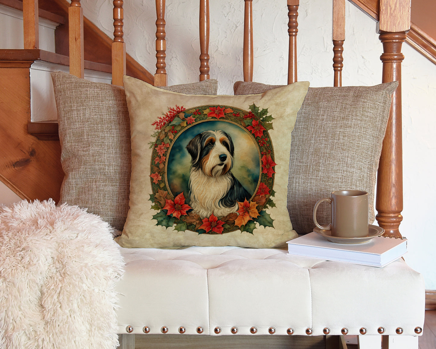 Bearded Collie Christmas Flowers Throw Pillow