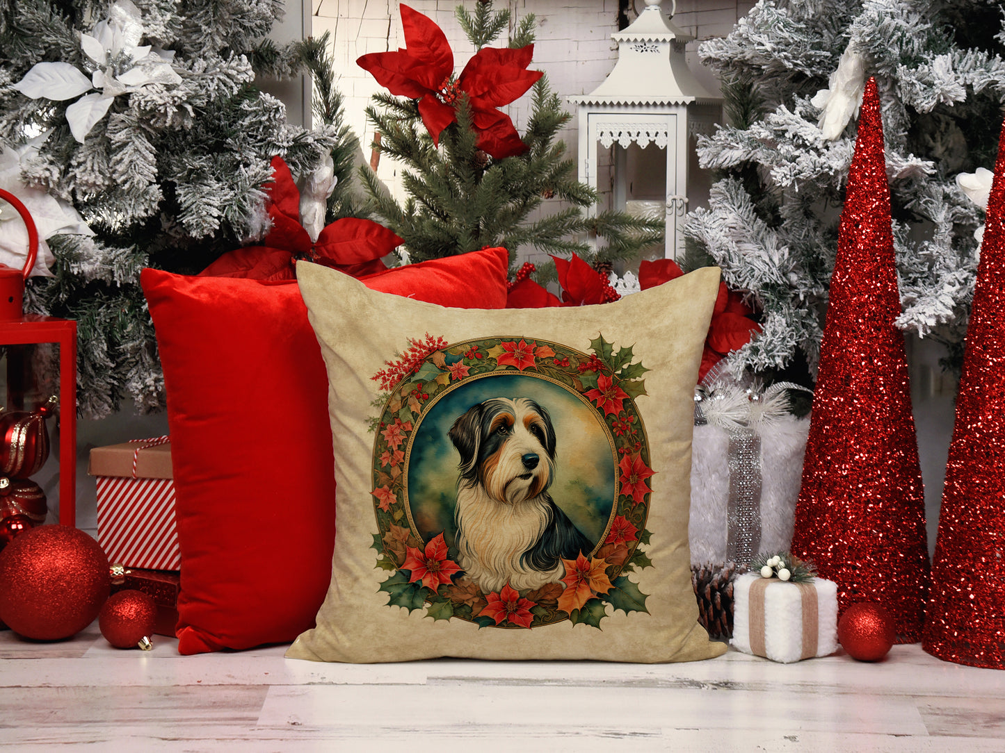 Bearded Collie Christmas Flowers Throw Pillow