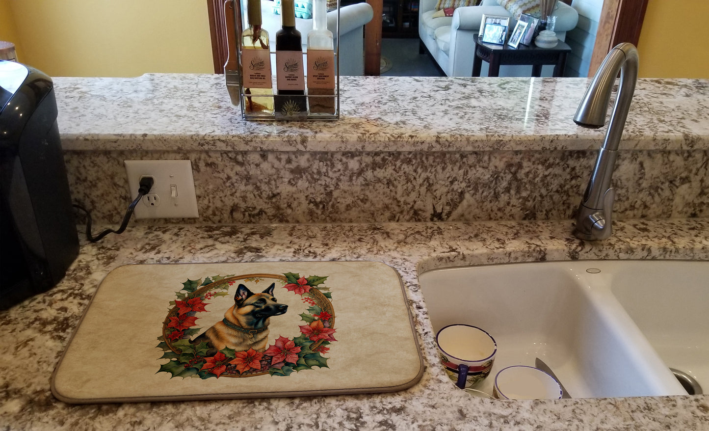 Belgian Malinois Christmas Flowers Dish Drying Mat