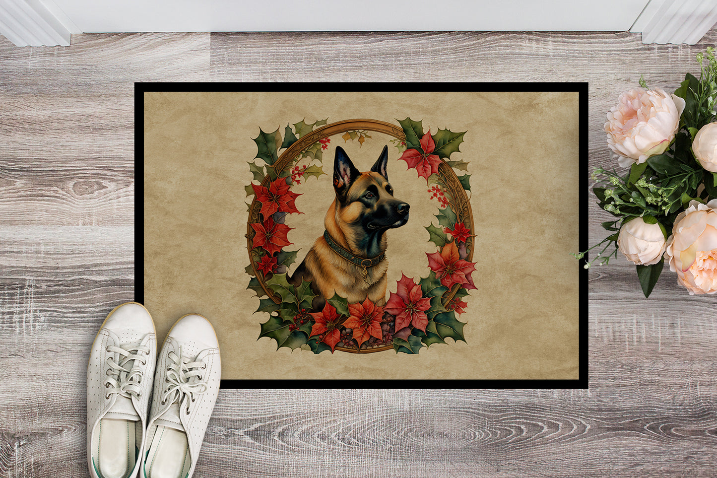 Belgian Malinois Christmas Flowers Doormat