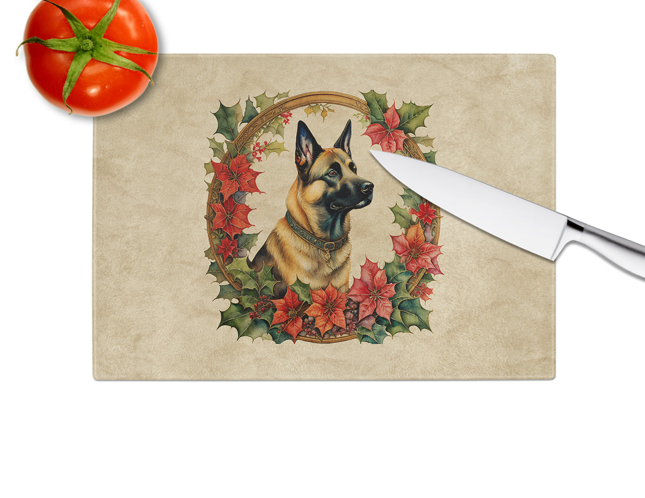 Belgian Malinois Christmas Flowers Glass Cutting Board