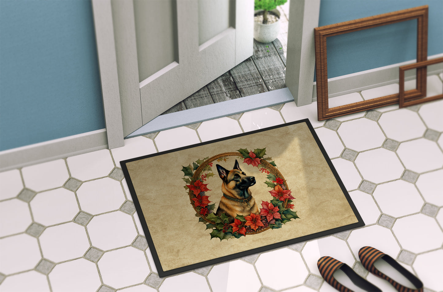 Belgian Malinois Christmas Flowers Doormat