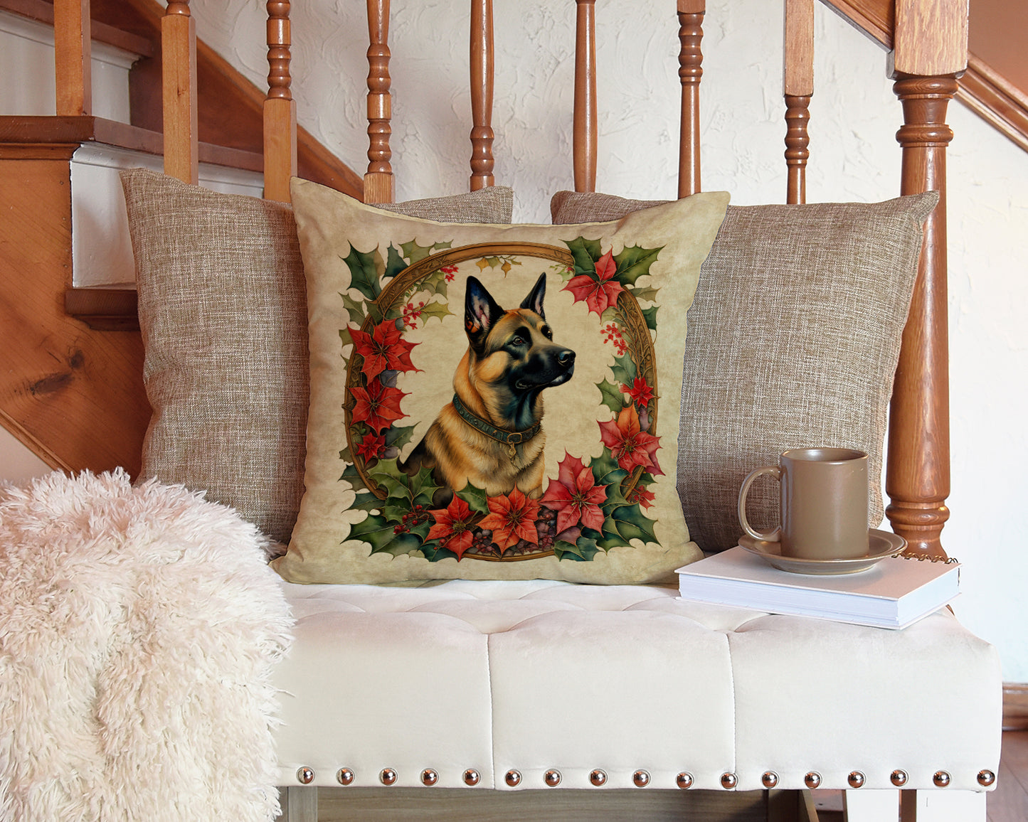 Belgian Malinois Christmas Flowers Throw Pillow