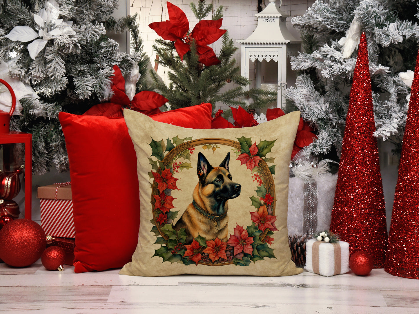 Belgian Malinois Christmas Flowers Throw Pillow