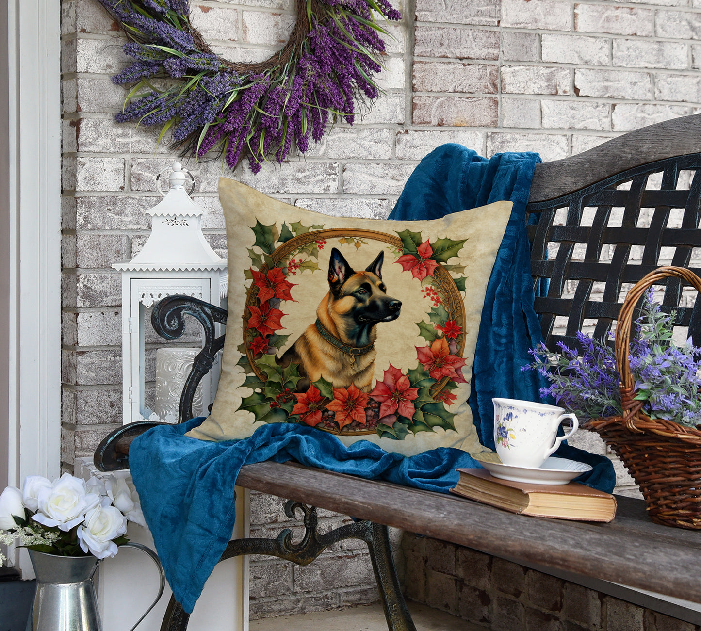 Belgian Malinois Christmas Flowers Throw Pillow