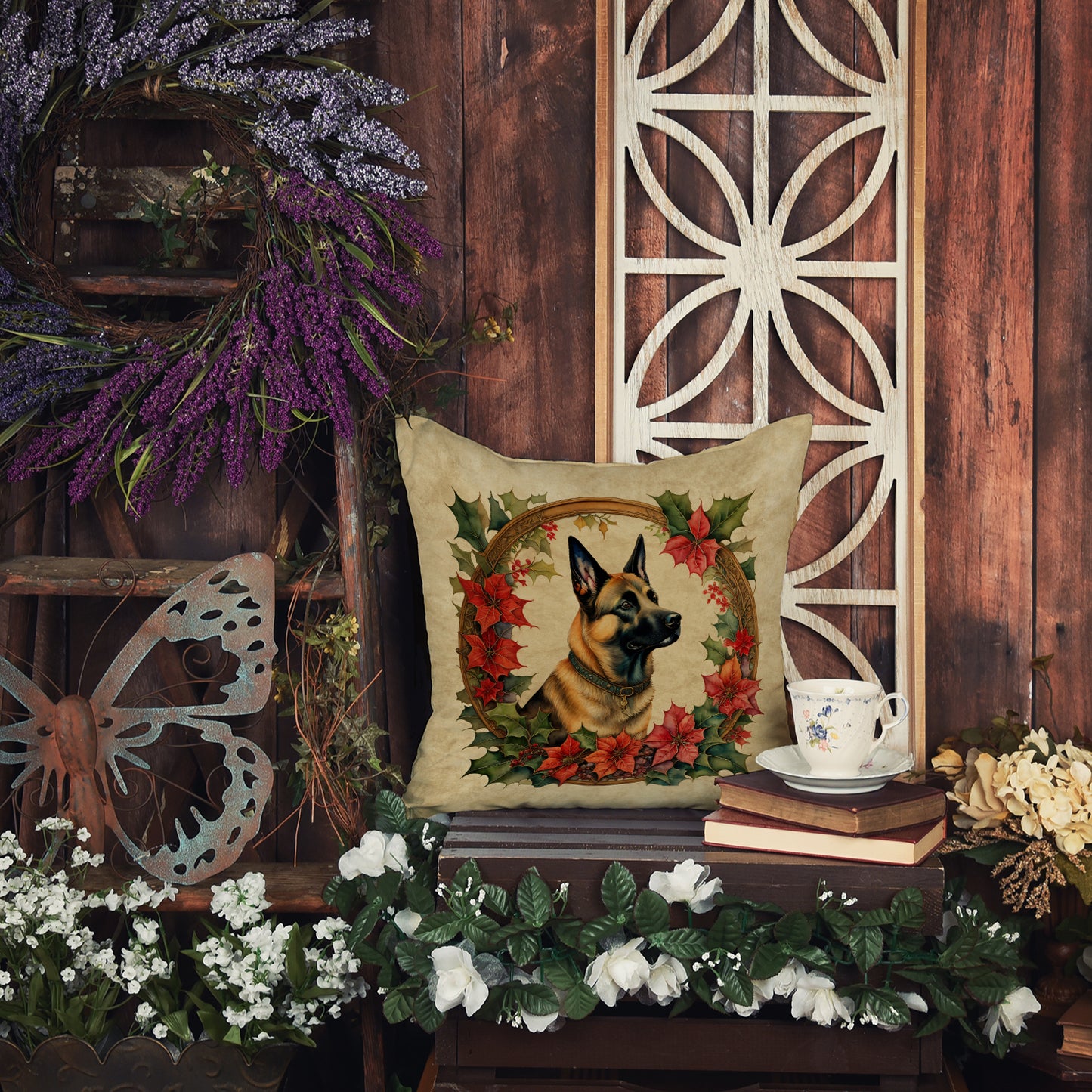 Belgian Malinois Christmas Flowers Throw Pillow