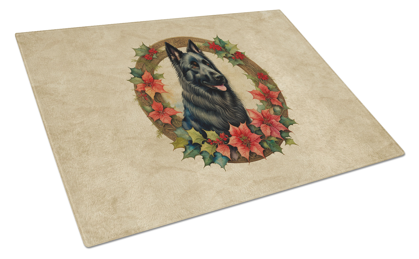 Buy this Belgian Sheepdog Christmas Flowers Glass Cutting Board