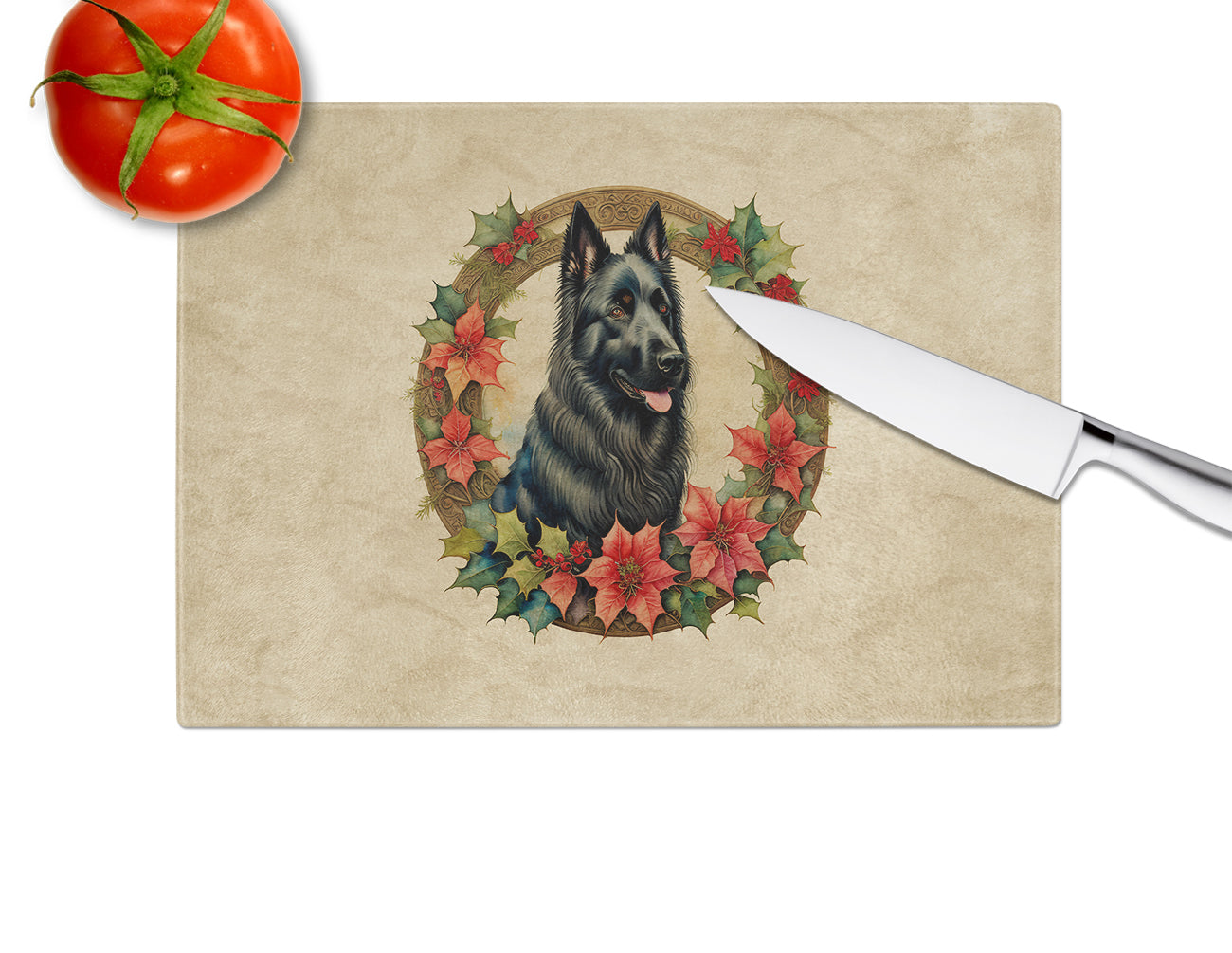 Belgian Sheepdog Christmas Flowers Glass Cutting Board