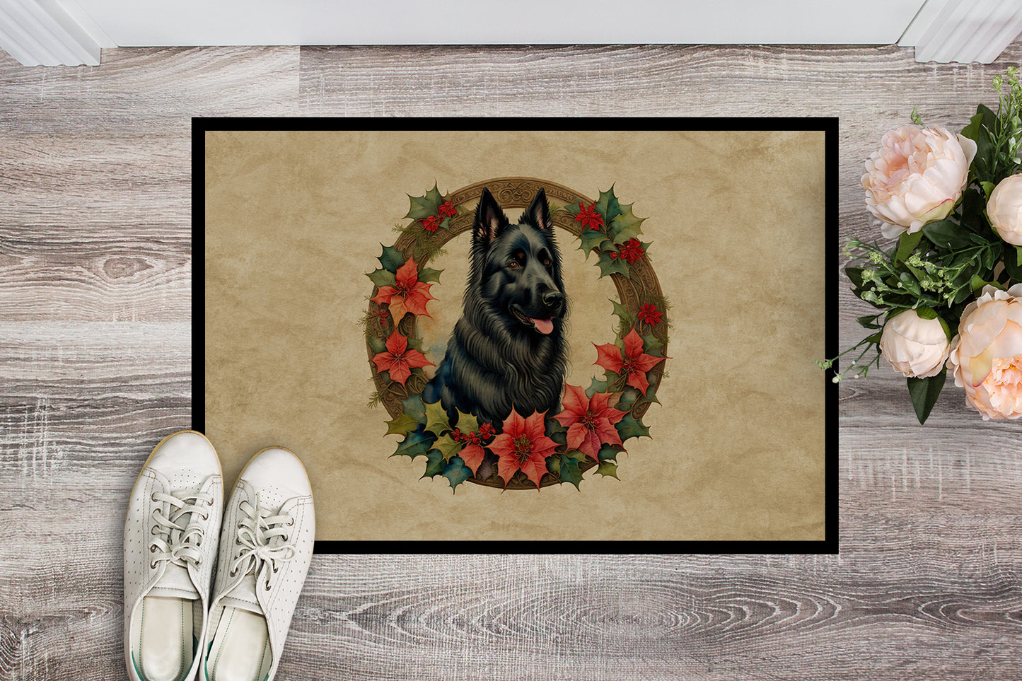 Belgian Sheepdog Christmas Flowers Doormat