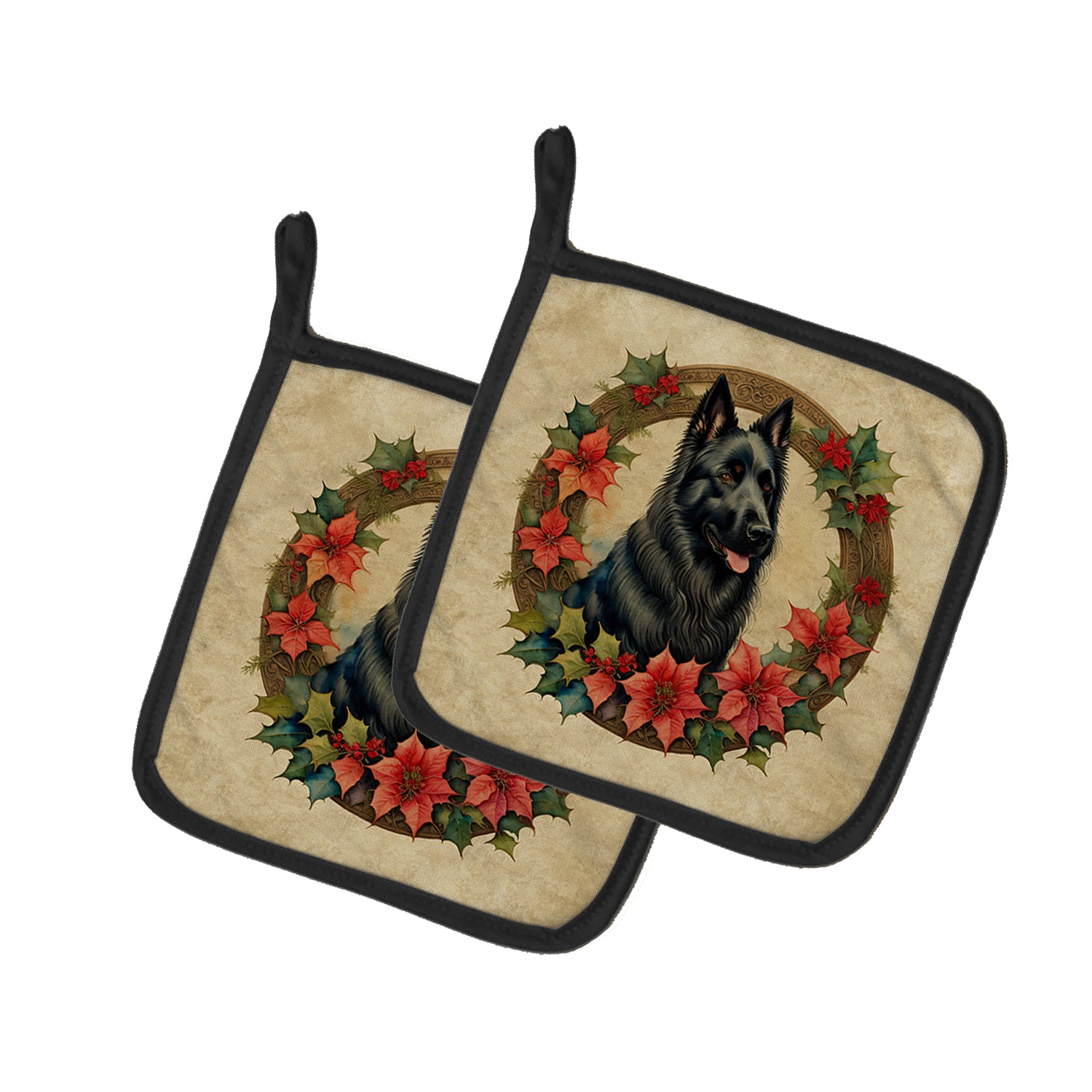 Buy this Belgian Sheepdog Christmas Flowers Pair of Pot Holders