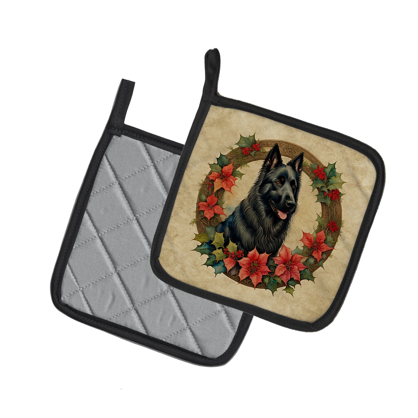 Belgian Sheepdog Christmas Flowers Pair of Pot Holders