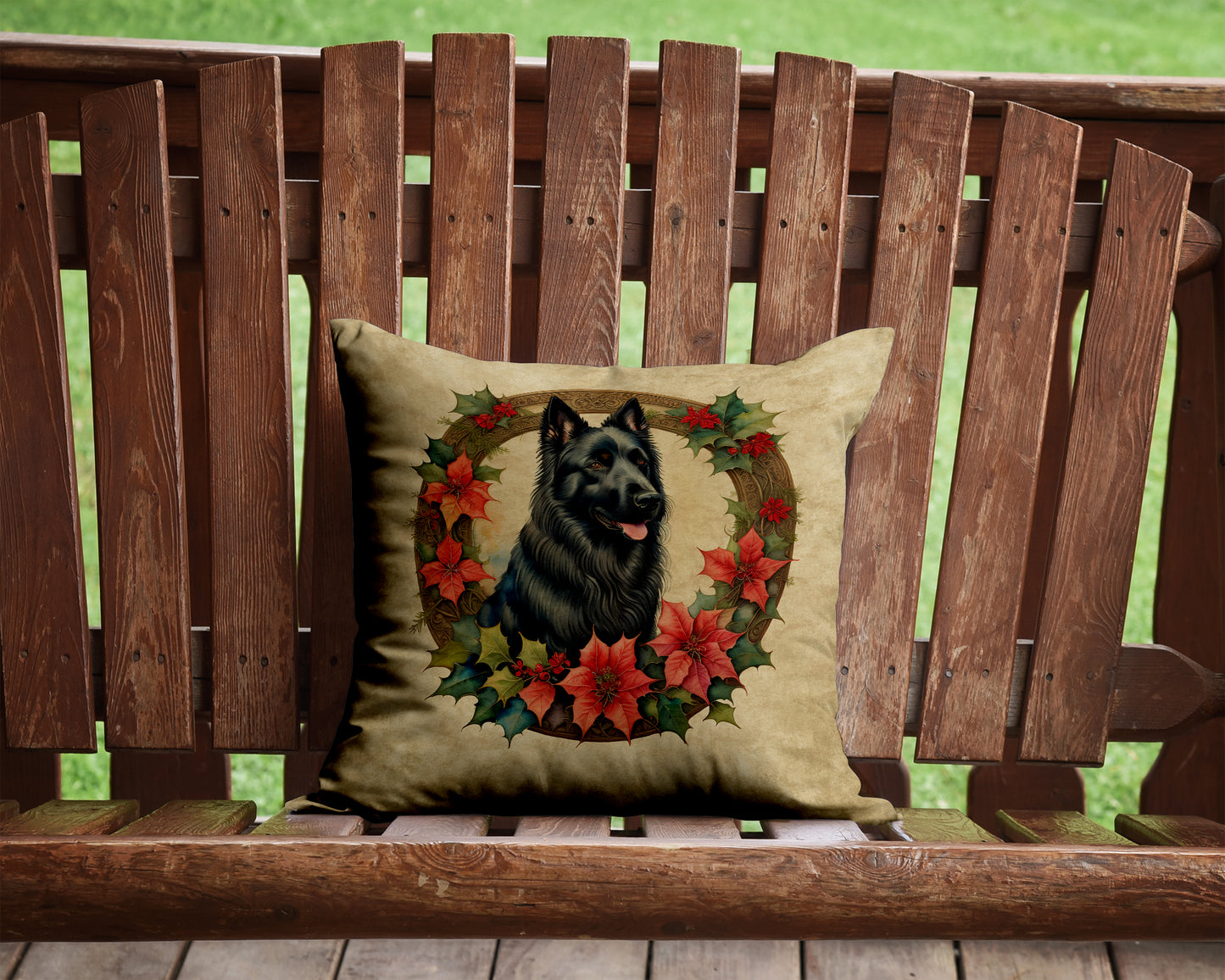 Belgian Sheepdog Christmas Flowers Throw Pillow